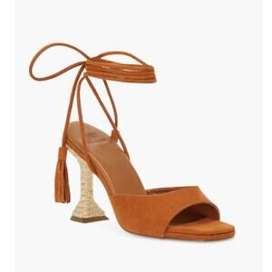 New NEW Ayesha Curry‎ x JustFab Toni Ankle-Wrap Heeled Sandals in Camel Size 7.5